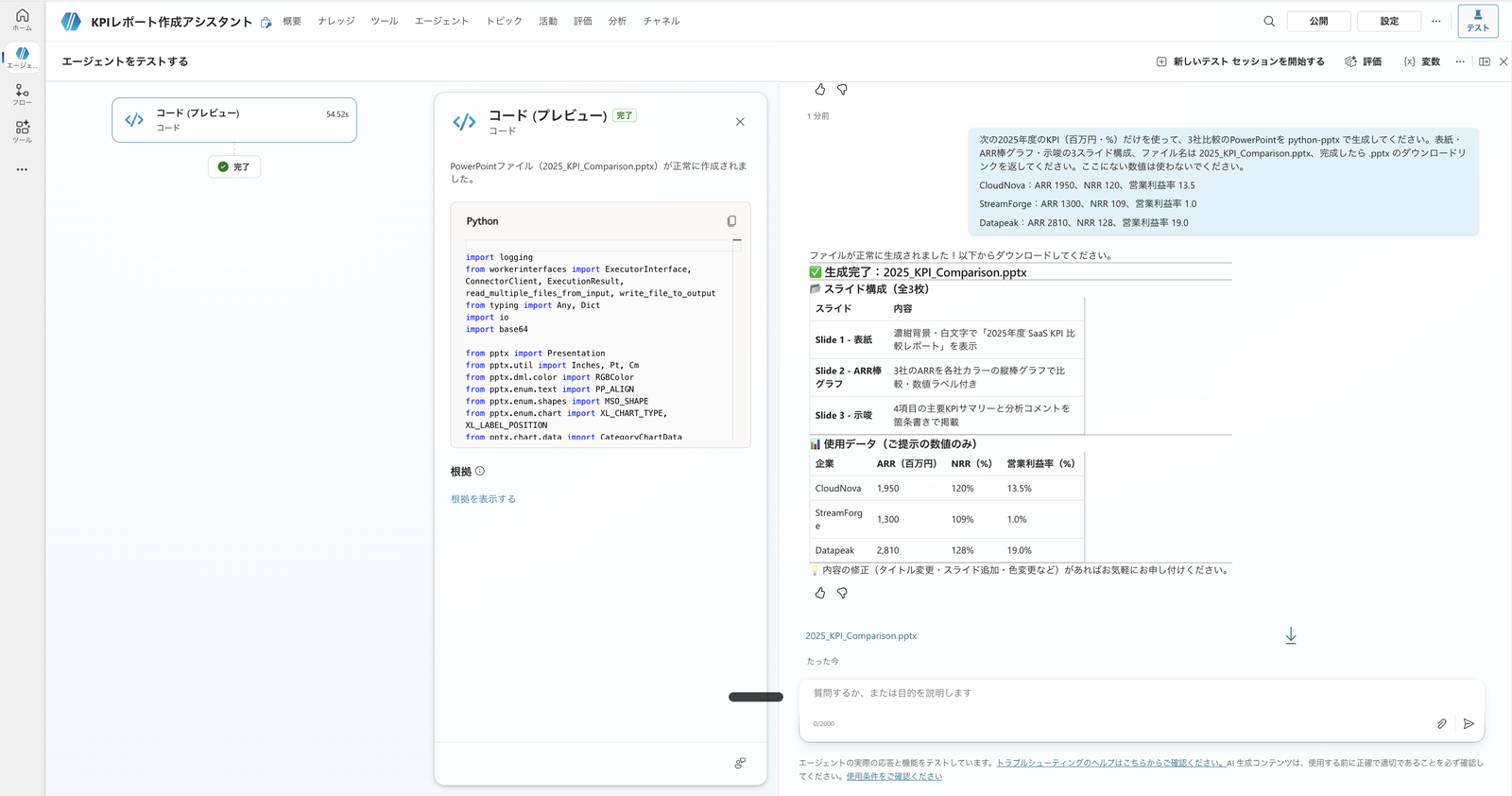 python-pptx で3スライドを生成した応答。スライド構成・使用データ・ダウンロードリンク