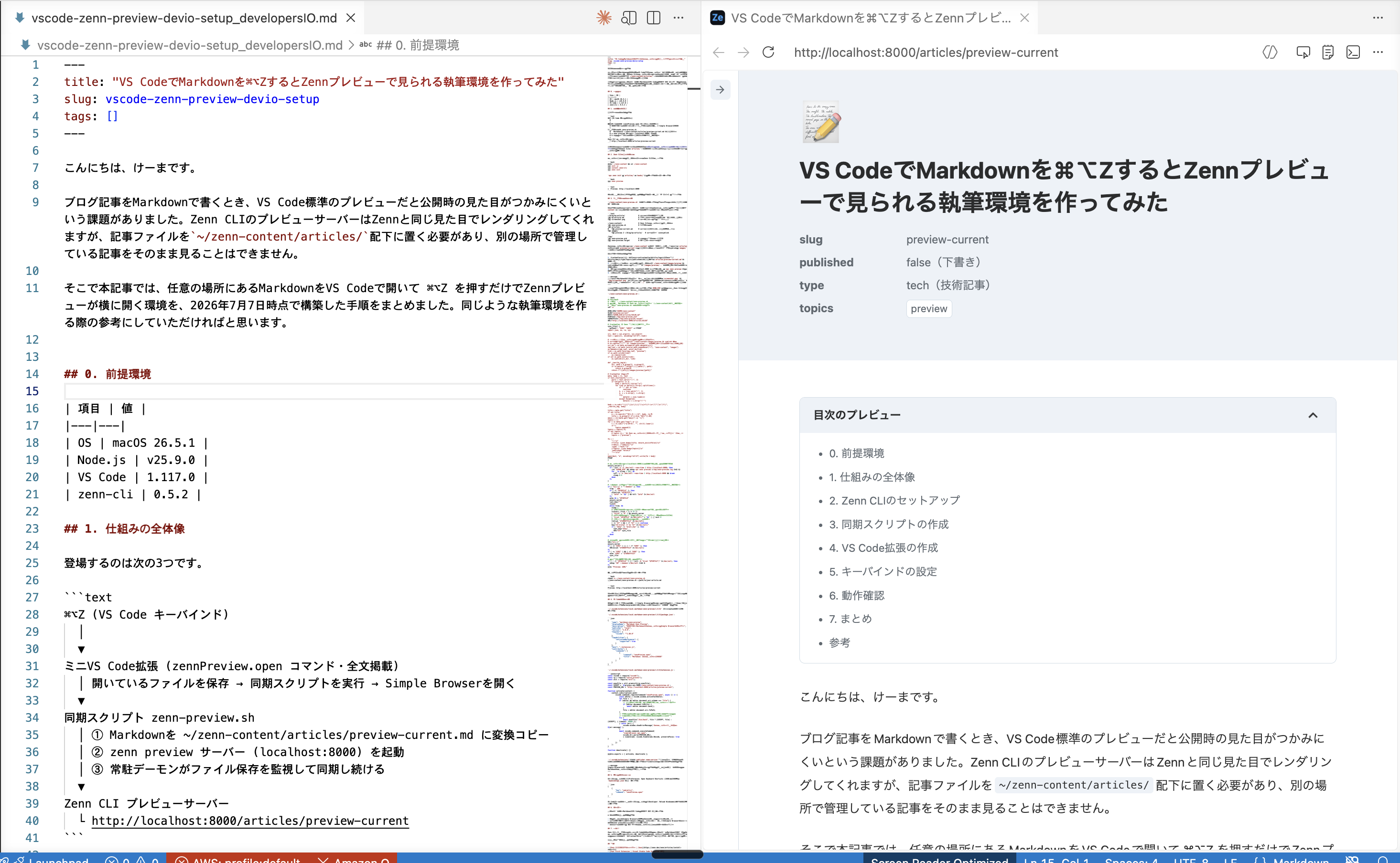 VS CodeでMarkdownとZennプレビューを並べて表示した完成例