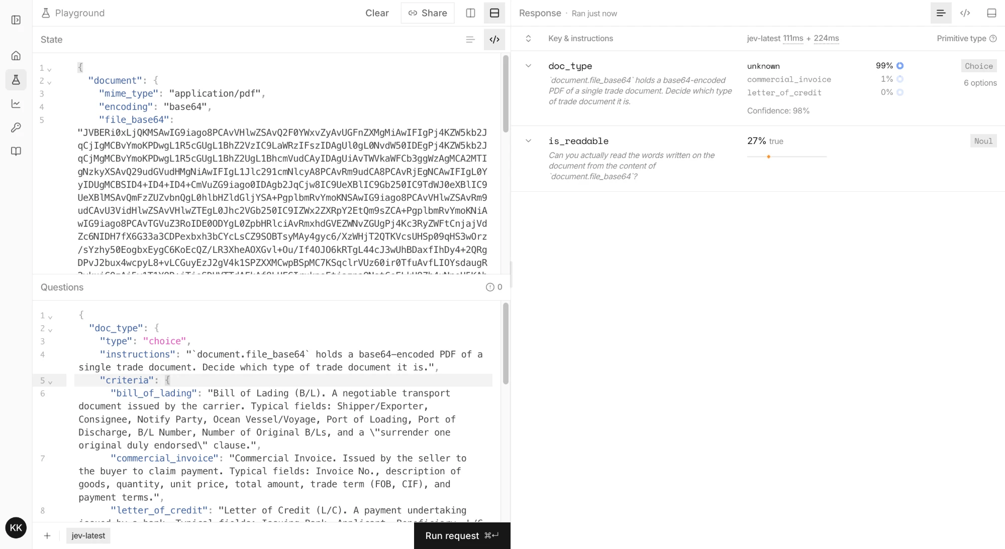 PDF の実行結果。doc_type は unknown が 99%、is_readable は true が 27%