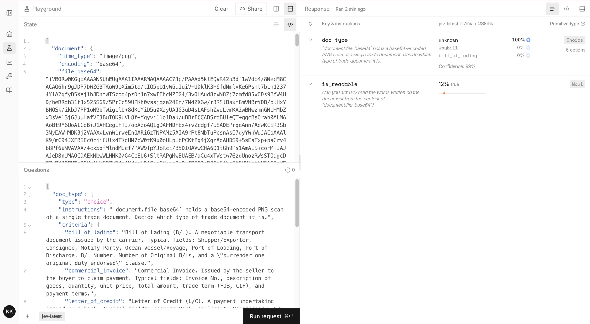 PNG の実行結果。doc_type は unknown が 100%、is_readable は true が 12%