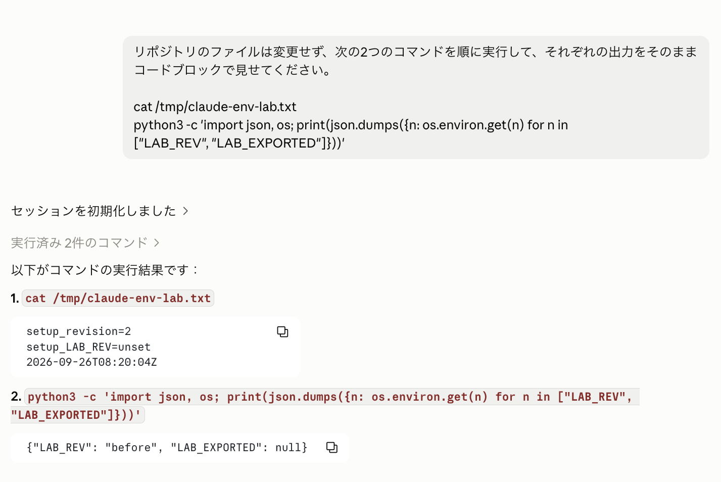 セットアップは最後まで実行されたがexportした値は見えない