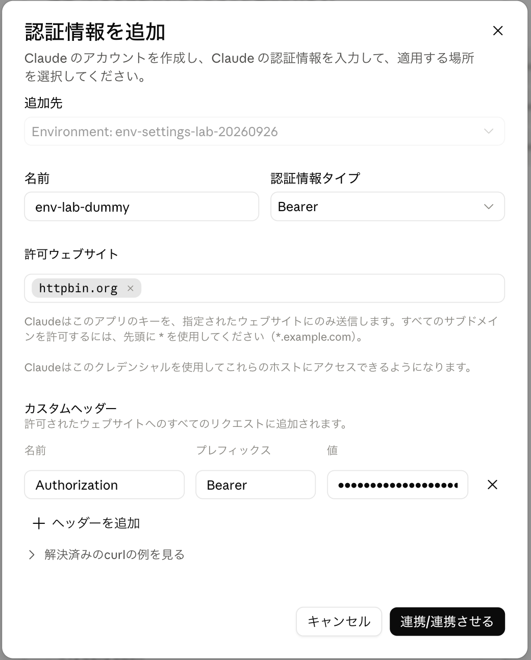 ダミーBearer認証情報の入力画面