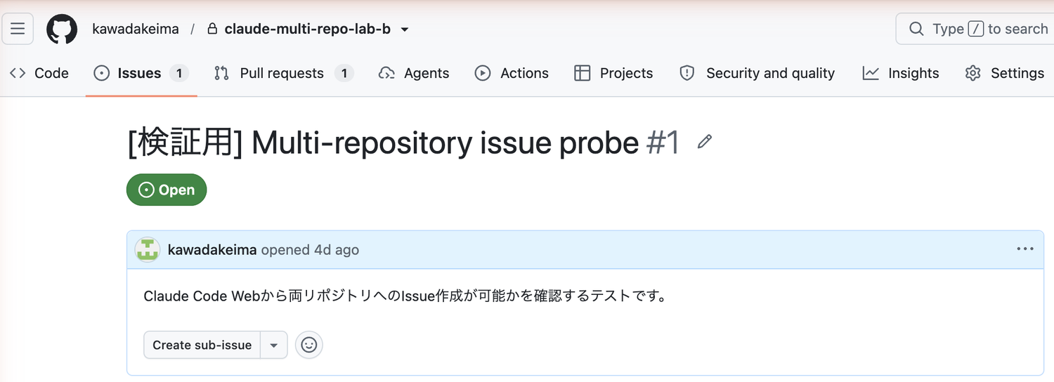 Bに作成された検証用Issue