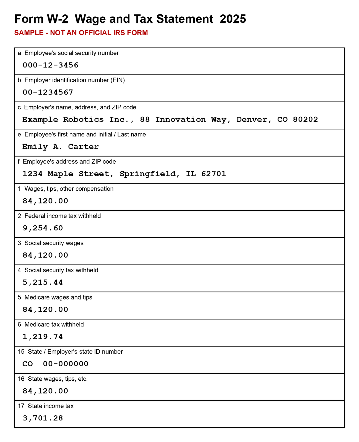 W-2 のサンプル
