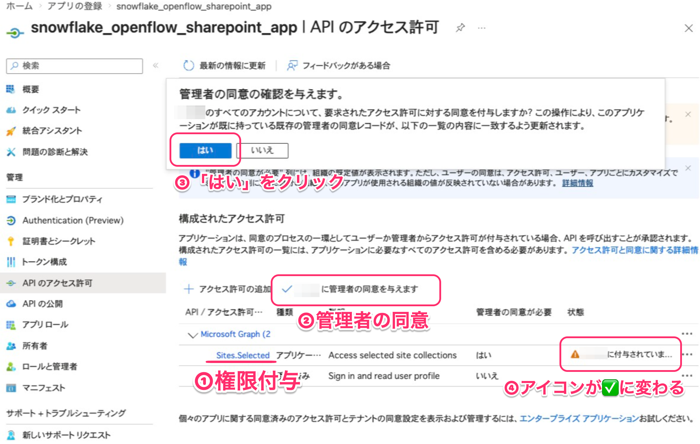 Sites.Selected のアクセス許可を付与した状態