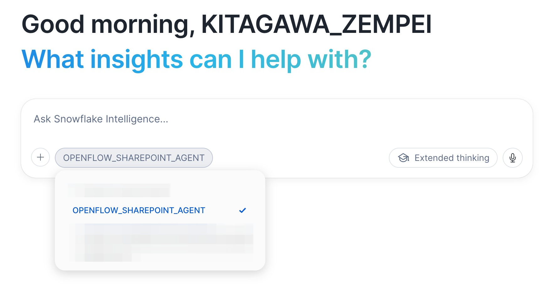 Snowflake Intelligence の Agent 選択画面