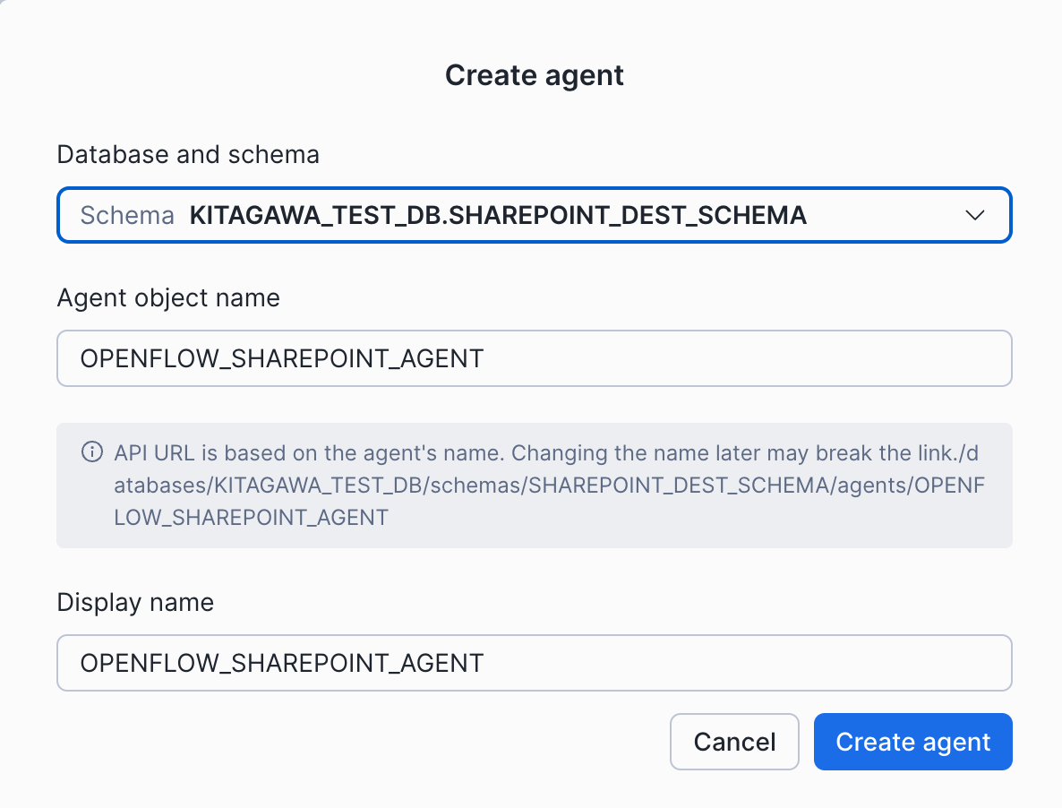 Snowflake Intelligence の Agent 作成画面