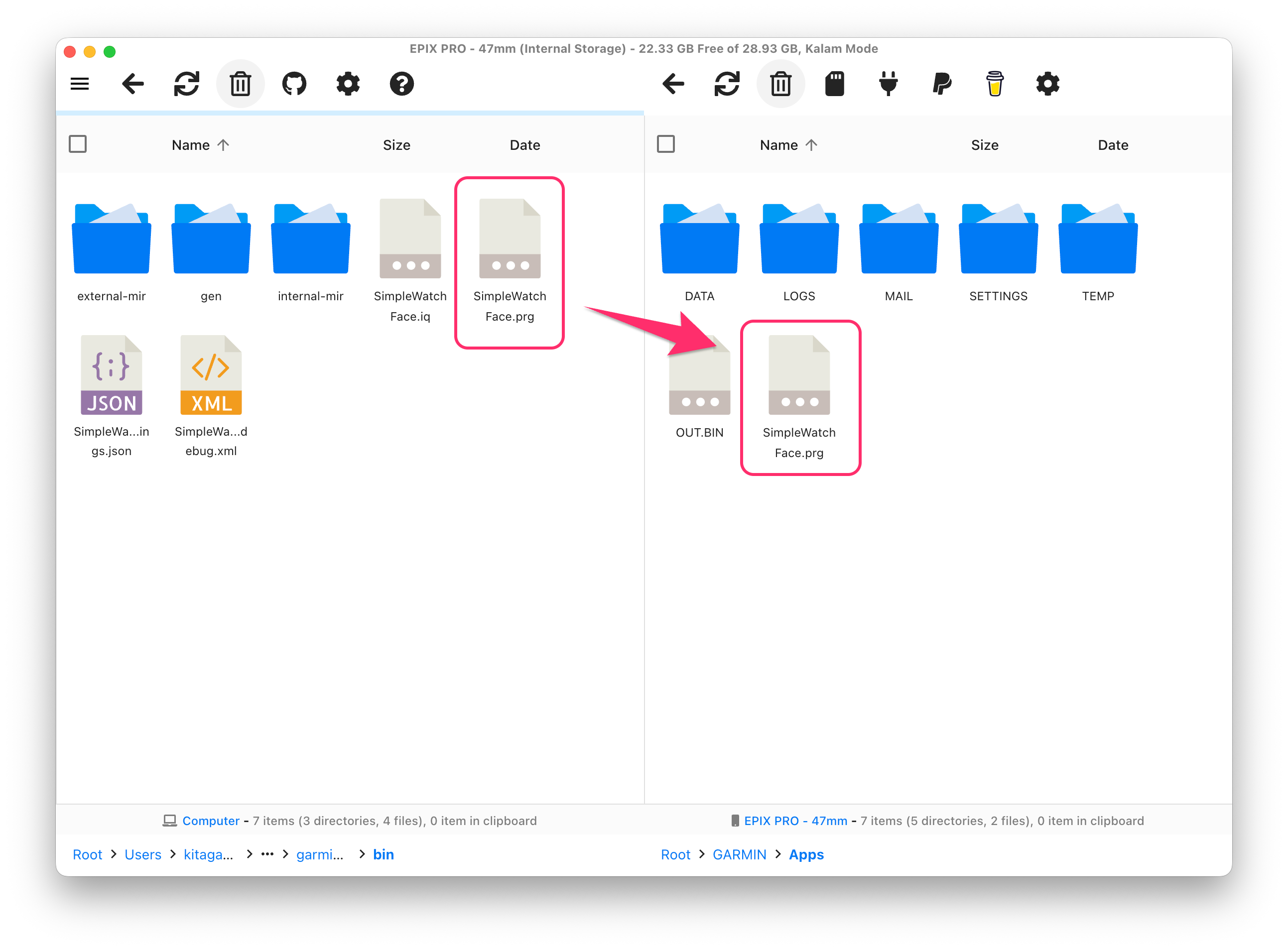 OpenMTP で .prg ファイルを Apps フォルダにコピー