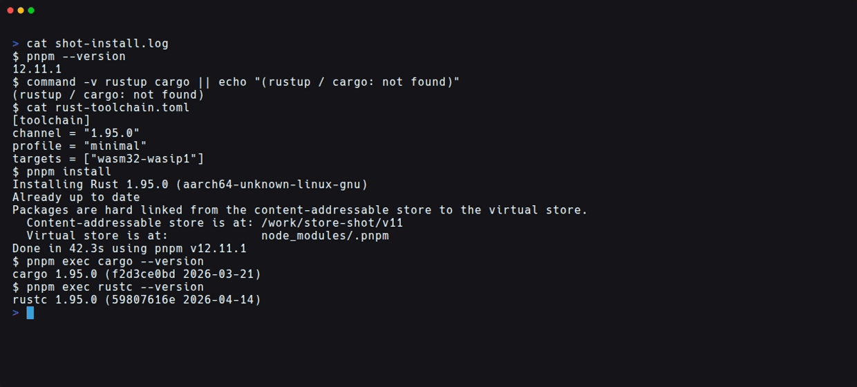 rustupのない環境でpnpm installがRust 1.95.0を取得し、pnpm execでcargoとrustcのバージョンを表示した画面
