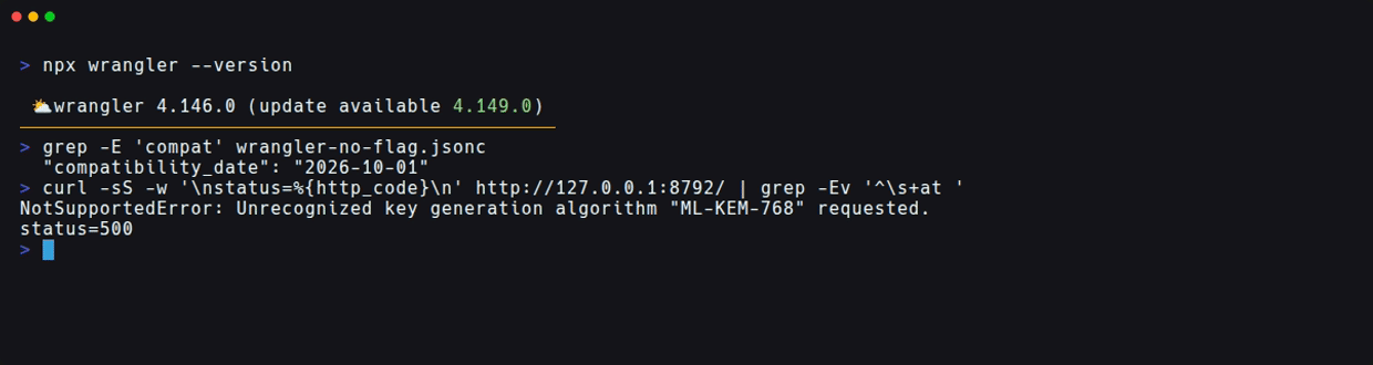 flagなしの設定でcurlするとNotSupportedErrorとHTTP 500が返る