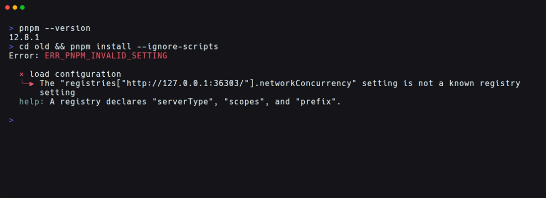 pnpm 12.8.1でregistriesのnetworkConcurrencyがERR_PNPM_INVALID_SETTINGになる様子