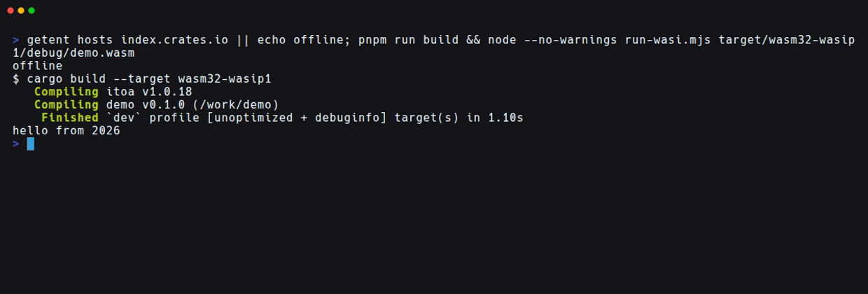 ネットワークのない状態でpnpm run buildがitoaをコンパイルし、WasmをNode.jsで実行した画面
