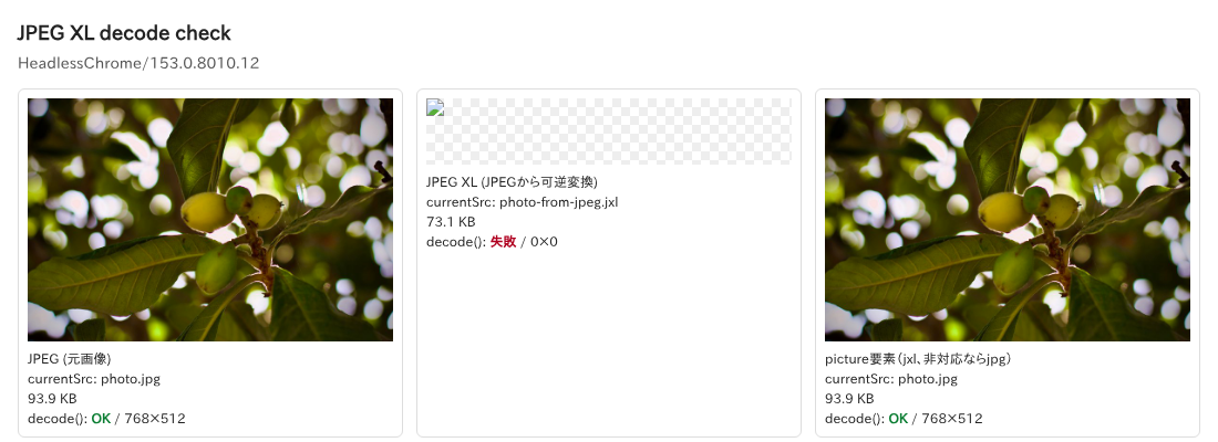 Chromium 153ではJPEG XLを直接指定した画像が表示されず、picture要素はphoto.jpgを表示している