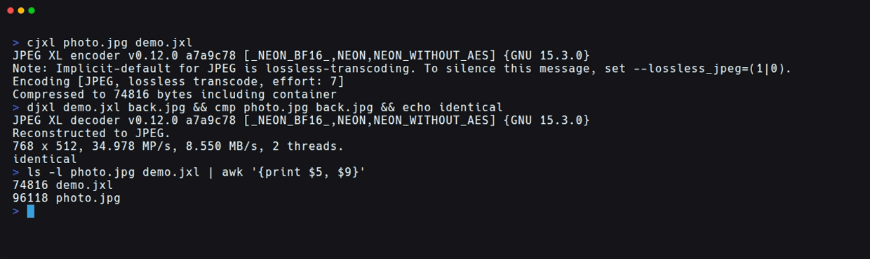 cjxlでJPEGを変換し、djxlで戻したファイルが元のJPEGと一致し、サイズが96118バイトから74816バイトになった