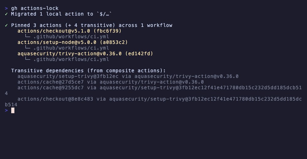 gh actions-lockの出力。直接依存3つと推移的依存4つを固定し、ローカルactionを$/形式に移行した