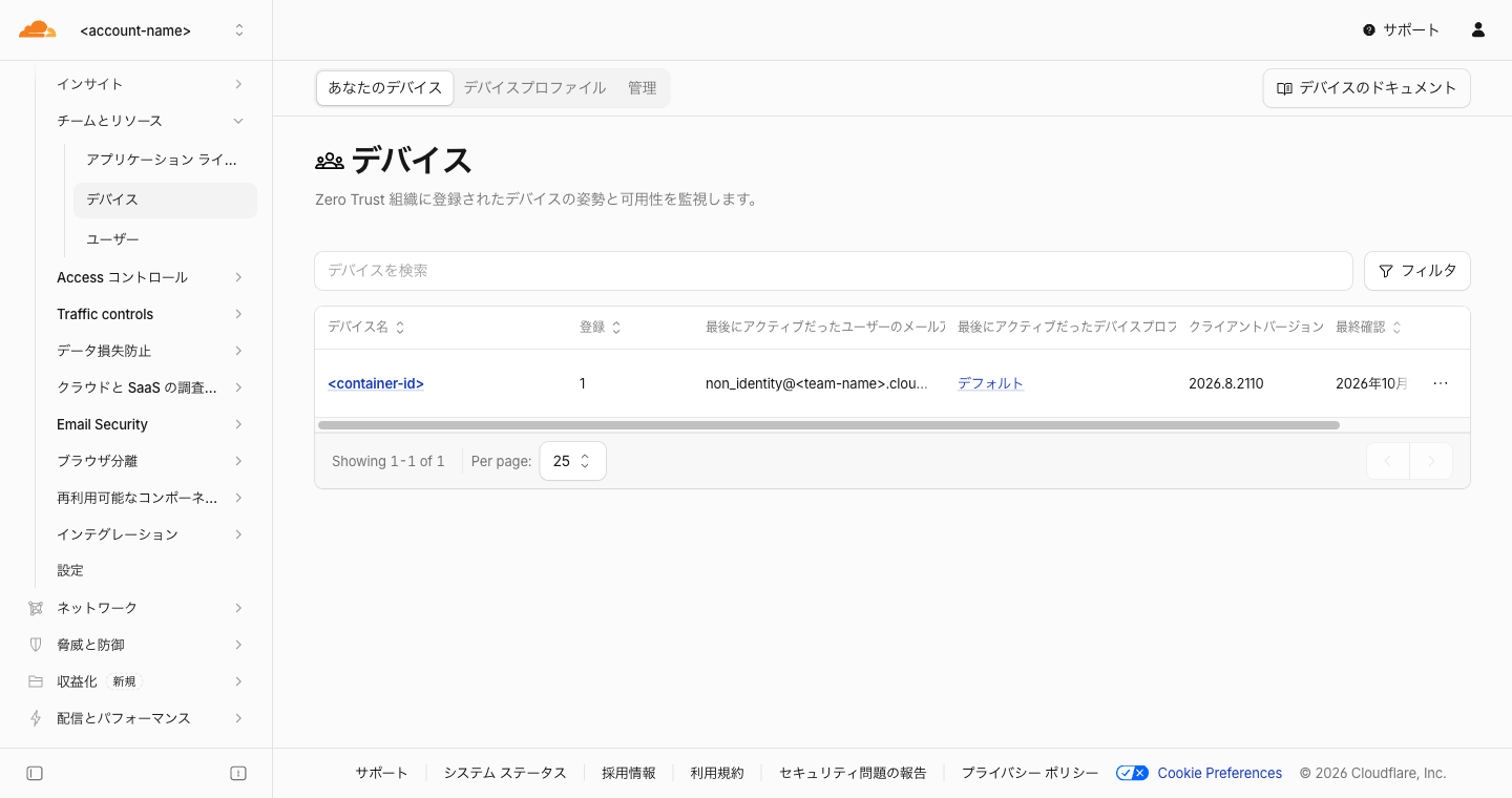 Zero Trust のデバイス一覧。サービストークンで登録した端末が1台あり、メールは non_identity@ で始まり、クライアントバージョンは 2026.8.2110