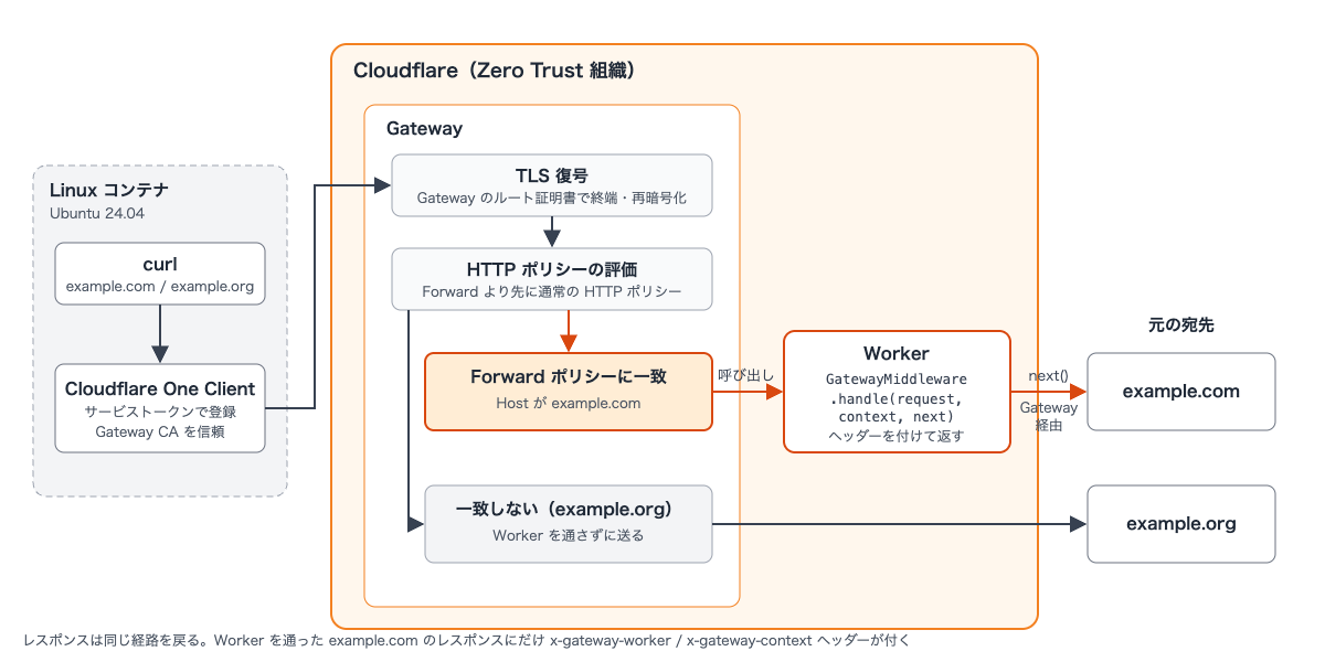 筆者が作成した構成の概念図。Linux コンテナの curl から Cloudflare One Client 経由で Gateway に送り、TLS 復号と HTTP ポリシーの評価のあと、Host が example.com なら Forward ポリシーで Worker の handle() を呼び、next() で example.com へ送る。example.org は Worker を通さずに送る