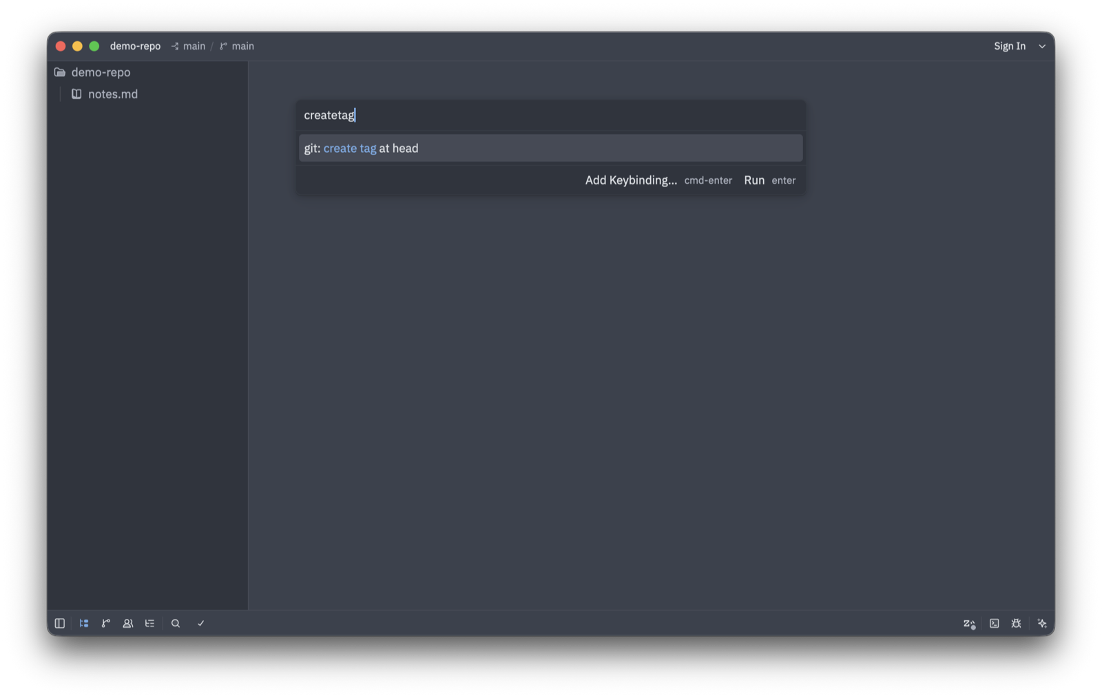 The command palette with "createtag" typed in, showing git: create tag at head as a suggestion.
