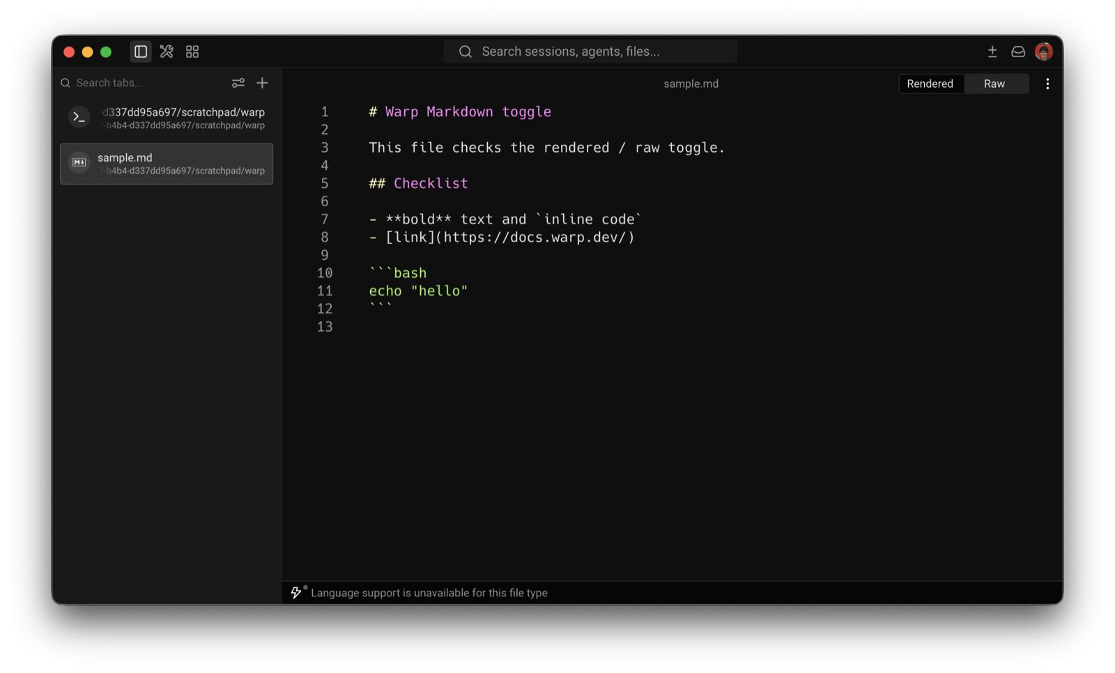 ⌘Eを押した後のsample.md。13行のMarkdownソースが行番号付きで表示され、右上のRawが選択されている
