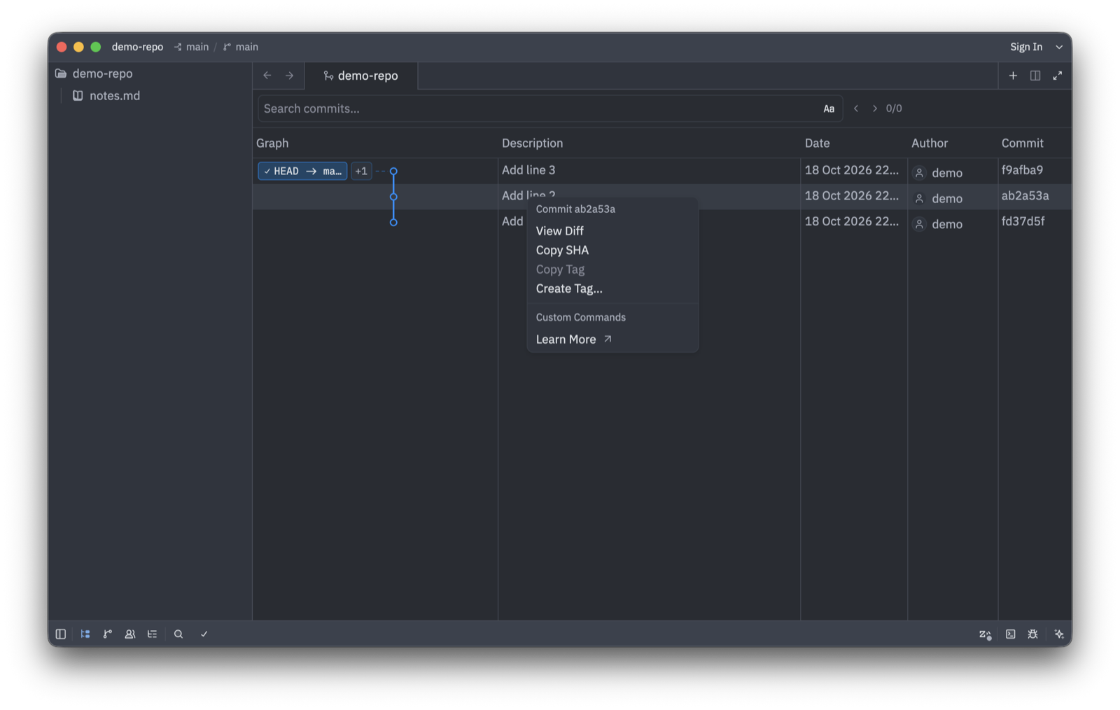 Menu from right-clicking the second commit (ab2a53a) in Git Graph in Zed 1.24.2. View Diff, Copy SHA, Copy Tag, and Create Tag… are listed.
