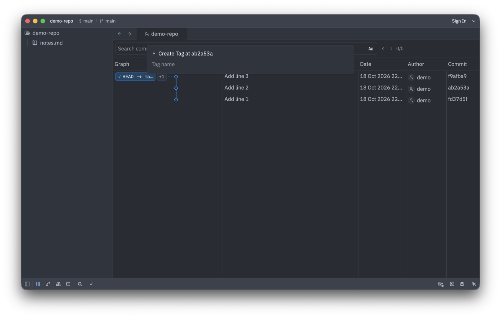 An input field titled "Create Tag at ab2a53a." The placeholder text shows "Tag name."