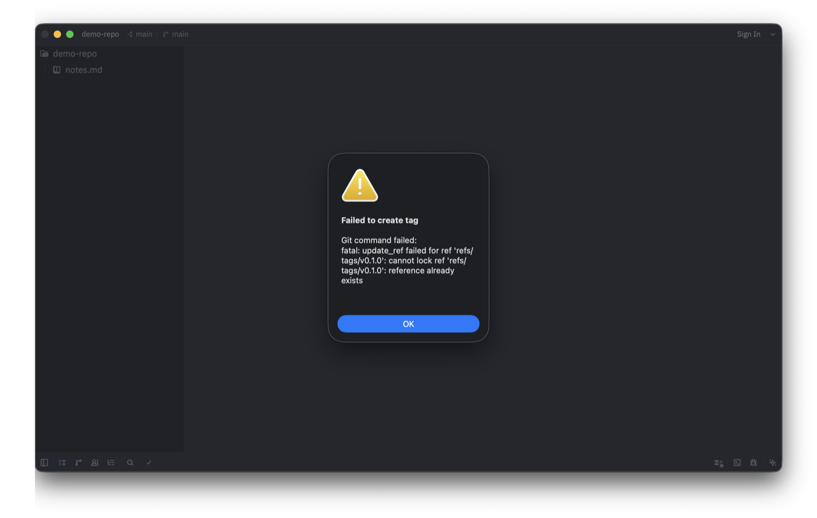The "Failed to create tag" dialog. It displays: fatal: update_ref failed for ref 'refs/tags/v0.1.0': cannot lock ref 'refs/tags/v0.1.0': reference already exists.