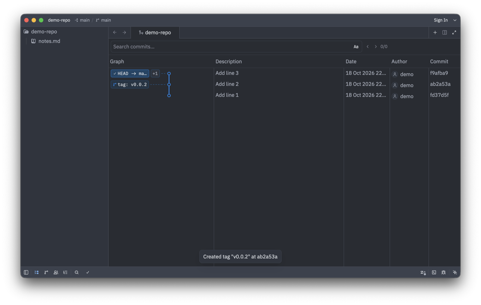 Git Graph after tag creation. The row for ab2a53a shows tag: v0.0.2, and a notification saying Created tag "v0.0.2" at ab2a53a is shown at the bottom of the screen.