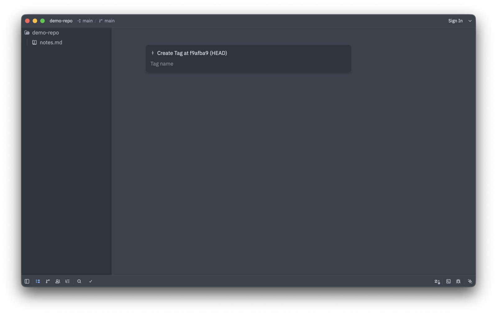An input field titled "Create Tag at f9afba9 (HEAD)."