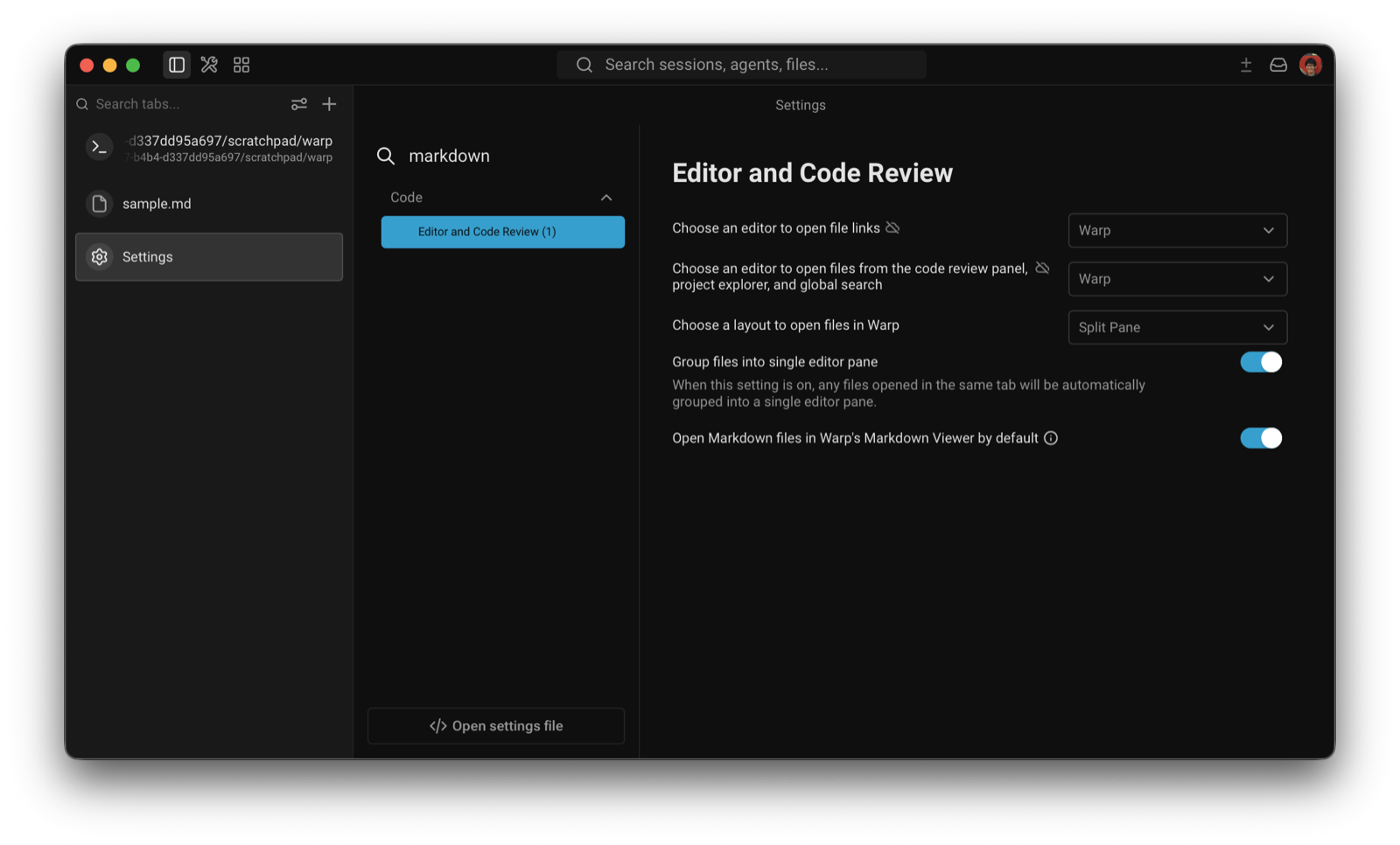 WarpのSettingsでmarkdownを検索した結果。Editor and Code Reviewの「Open Markdown files in Warp's Markdown Viewer by default」がオンになっている