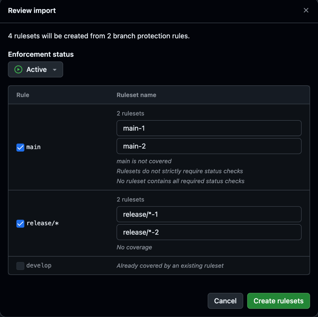 Review importダイアログ。mainとrelease/*がそれぞれ2つのrulesetに分かれ、developは既存rulesetでカバー済みと表示されている