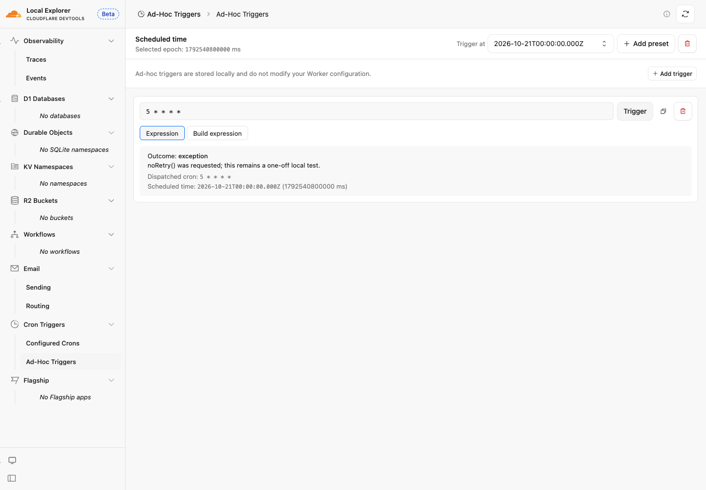 意図的な例外を発生させた実行結果。Outcome: exceptionとnoRetry() was requestedが表示されている。