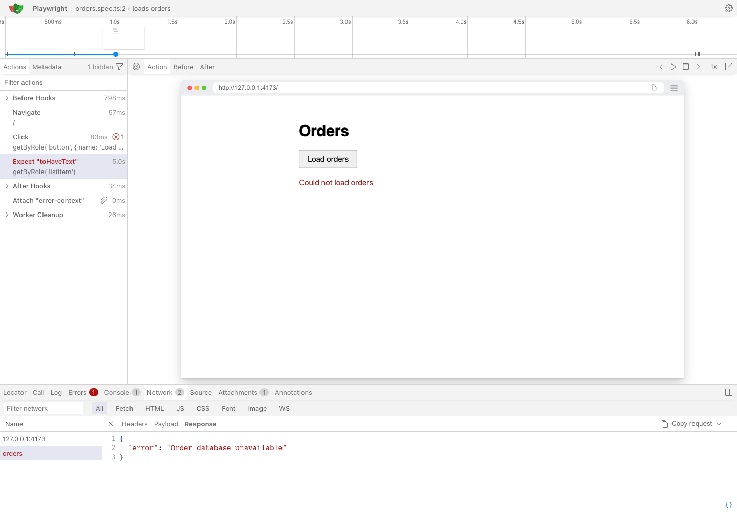 Trace ViewerのNetworkで注文APIのResponseを開き、Order database unavailableというエラー本文を確認した画面。