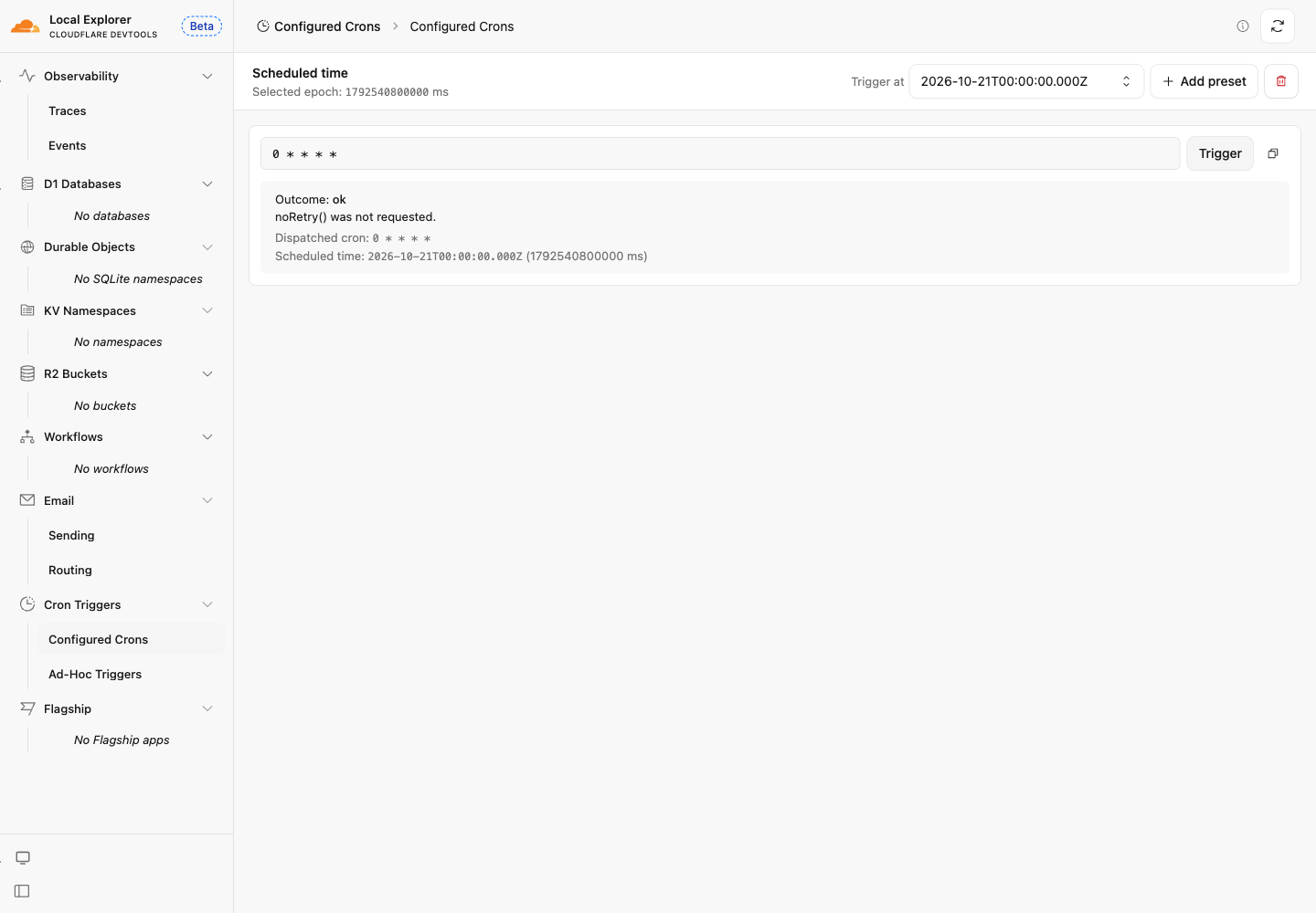 Configured Cronsの実行結果。Outcome: okと、指定したCron式および予定時刻が表示されている。