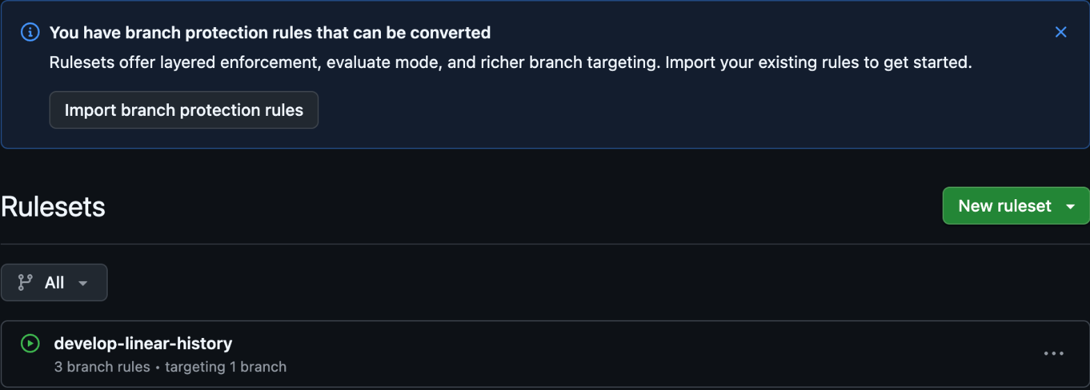 Rulesets画面に表示されたImport branch protection rulesのバナー