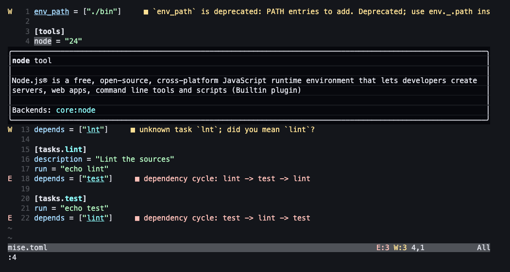 nodeの上でhoverし、Node.jsの説明とBackends: core:nodeが浮動ウィンドウに表示された画面
