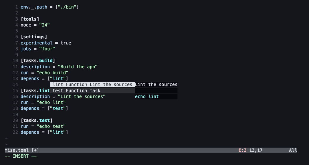 depends の中で補完を呼び、lint（Lint the sources）とtestが候補に出ている画面。1行目はenv._.path、7行目はexperimentalに修正済み