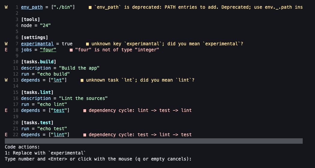 7行目でvim.lsp.buf.code_action()を実行し、Replace with experimentalが候補に出ている画面