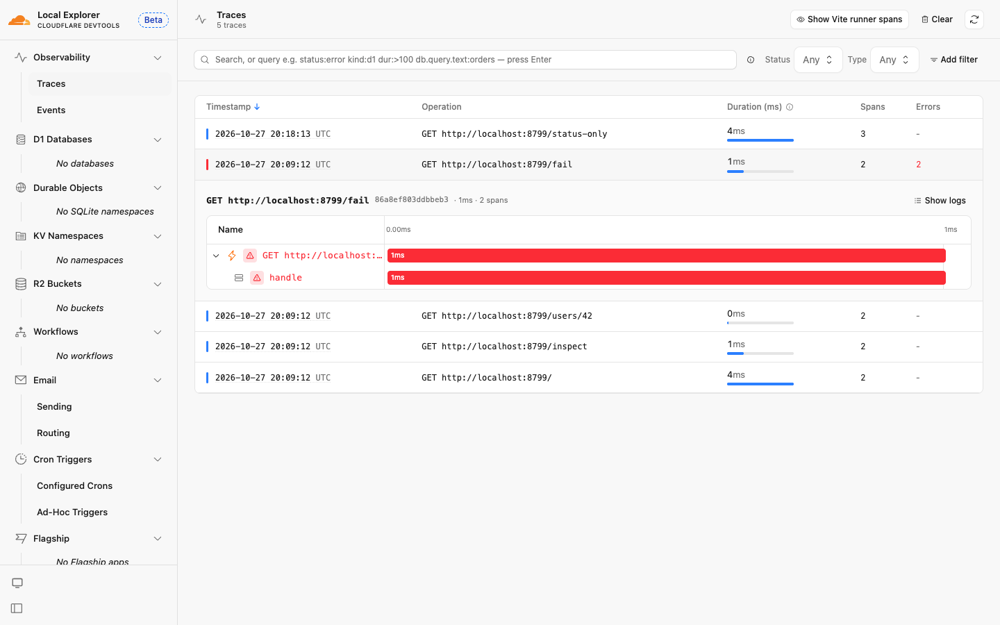 Local ExplorerのTraces画面。GET /failのトレースを開くと、ルートspanとhandle spanがエラーとして赤く表示されている
