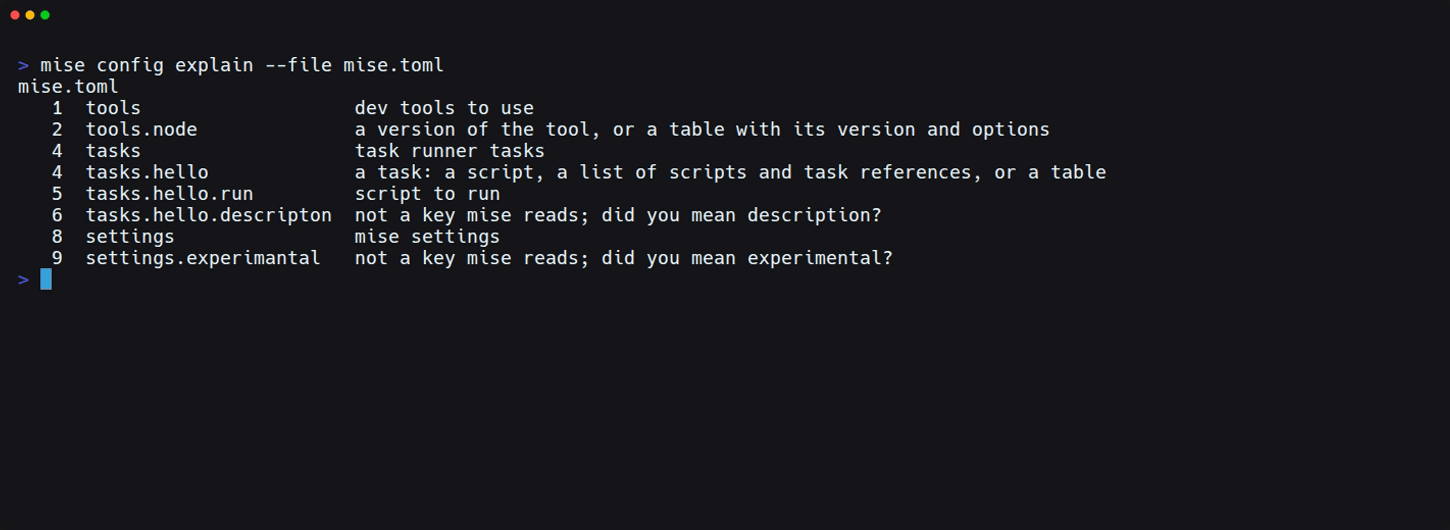 mise config explainで、キーの説明と2件のタイプミス候補が行番号付きで表示された画面