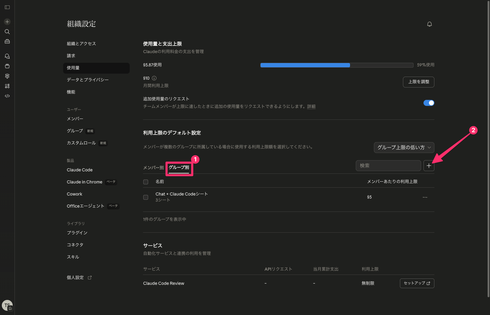 使用量画面のグループごとタブ - +ボタンでグループ利用上限を追加