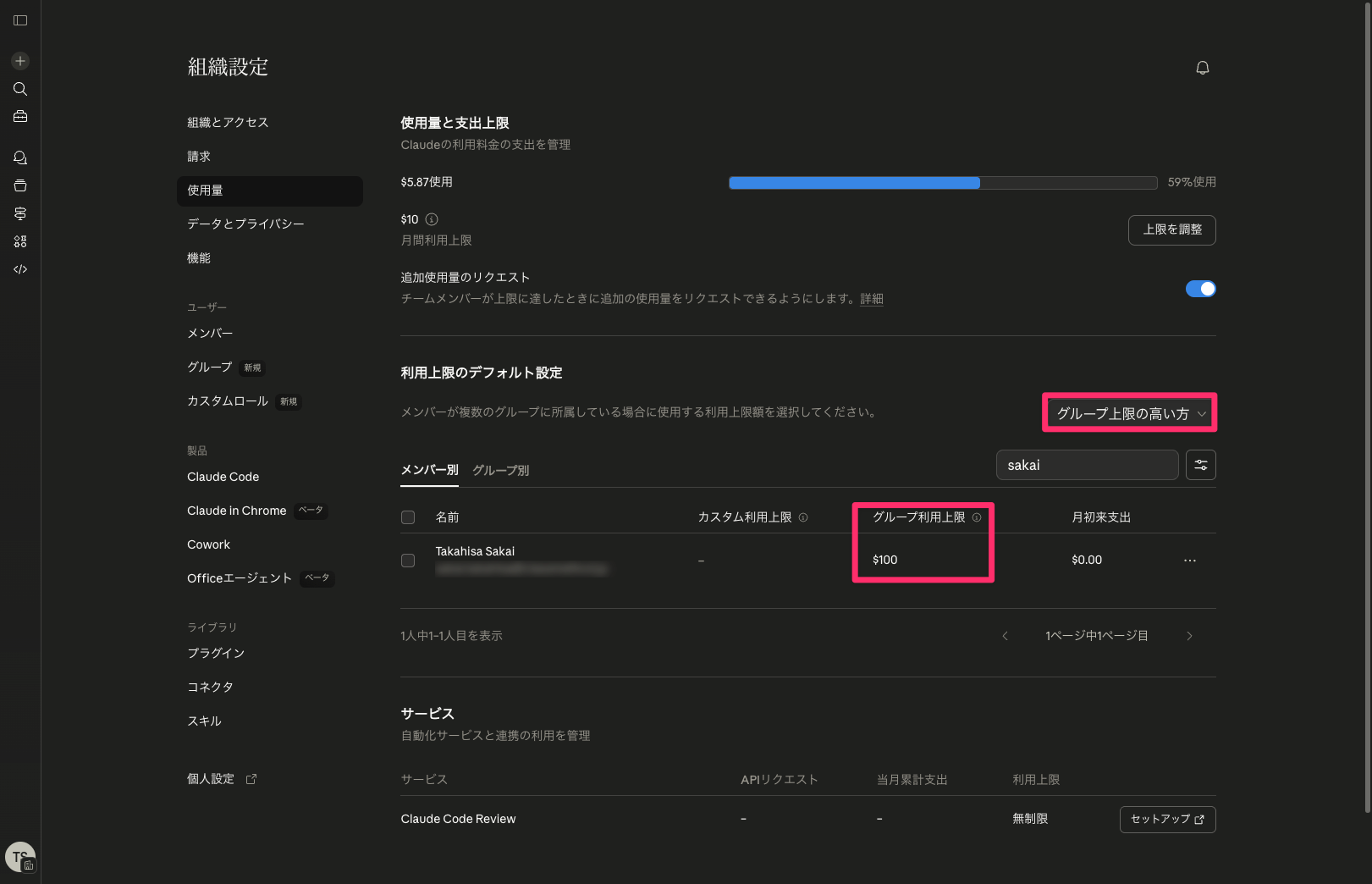 メンバー別タブ - グループ上限の高い方でグループ利用上限$100が適用