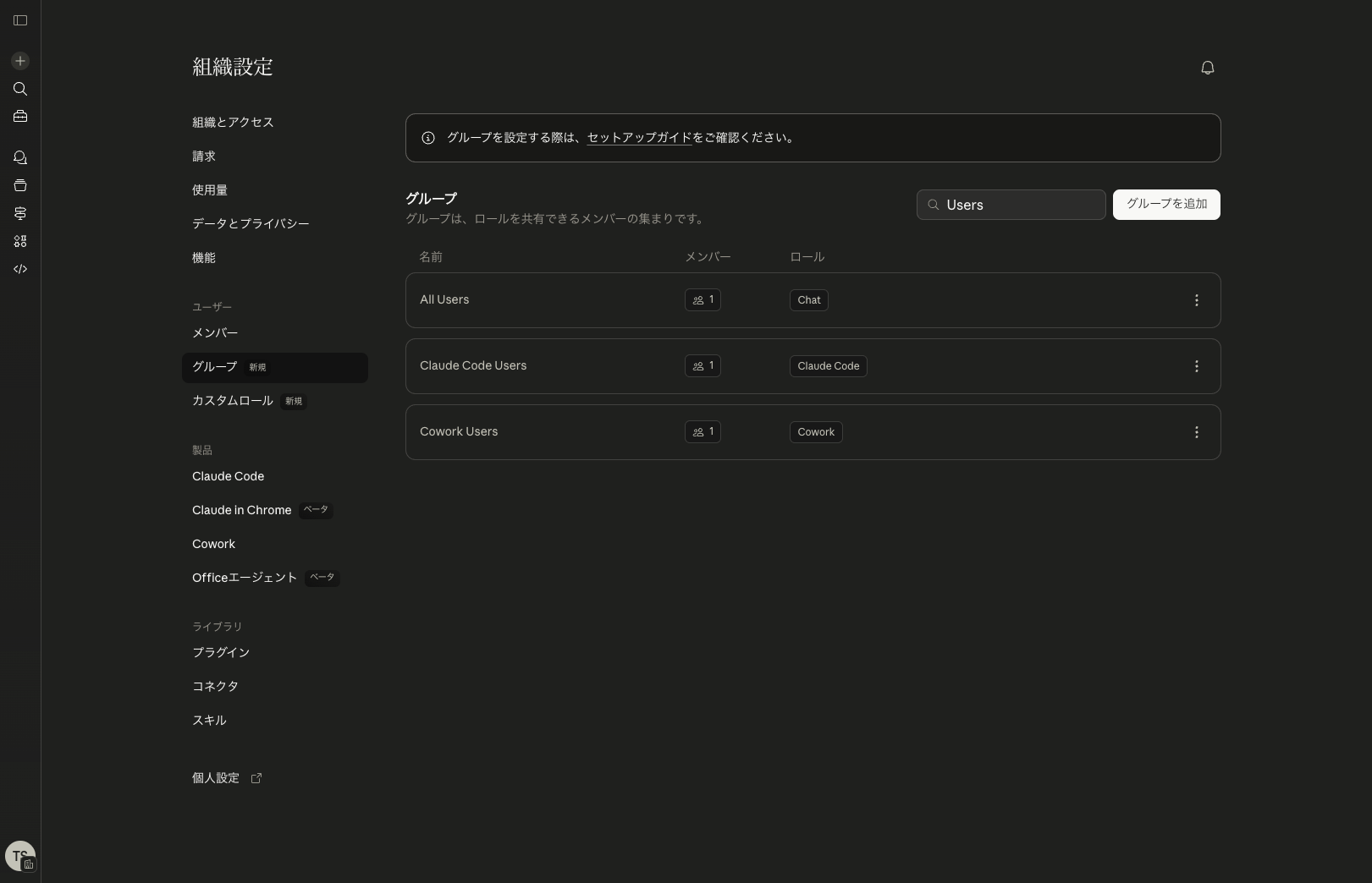 グループ一覧 - All Users、Claude Code Users、Cowork Usersの3グループ作成済み