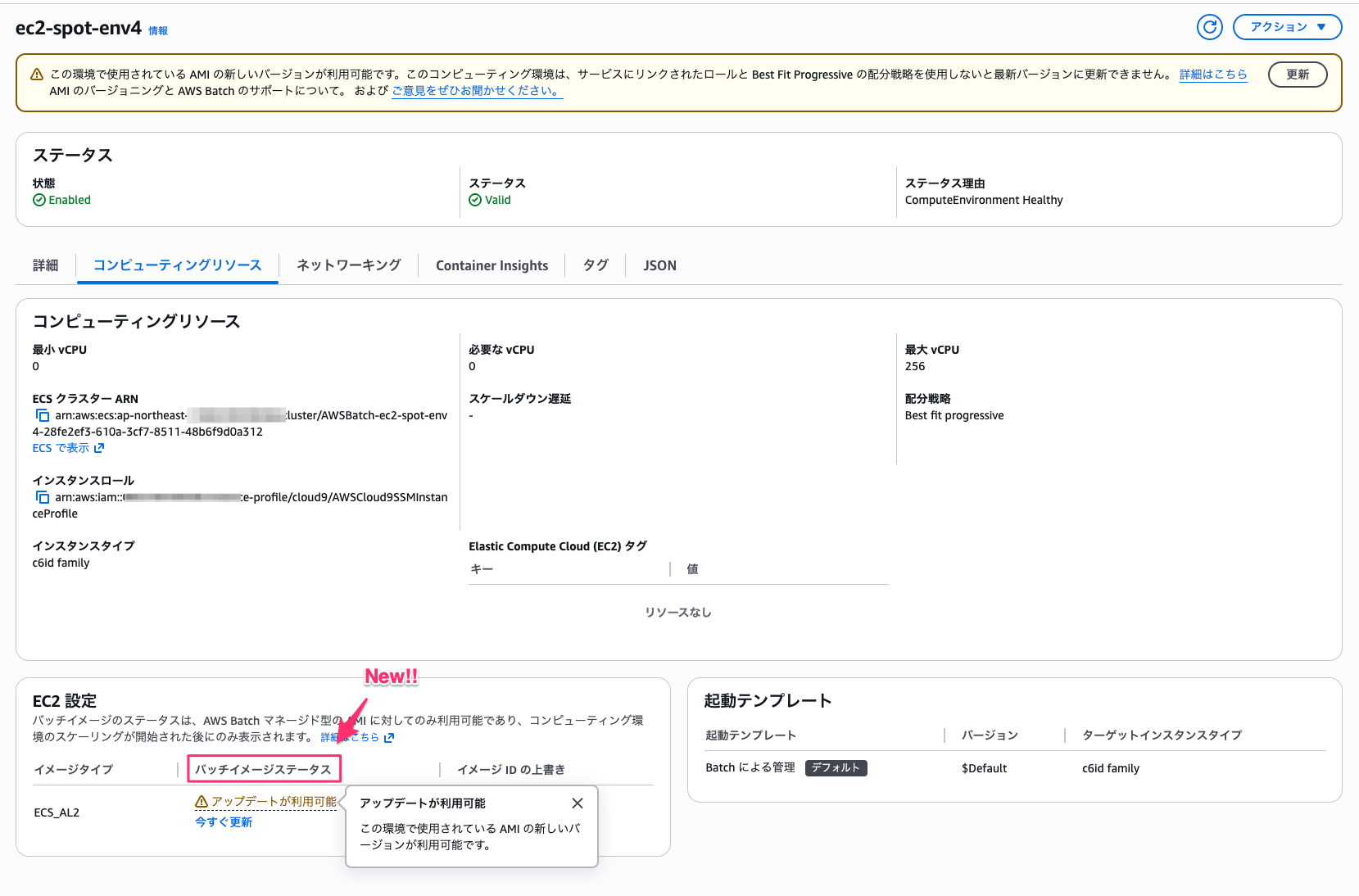 詳細画面の EC2 設定セクションに追加されたバッチイメージステータス列