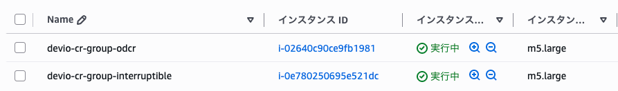 インスタンス一覧。devio-cr-group-odcr と devio-cr-group-interruptible が実行中、どちらも m5.large