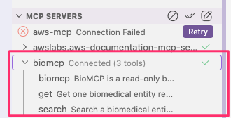Kiro の MCP SERVERS パネル。biomcp が Connected (3 tools) と表示され、その下に biomcp、get、search の 3 つのツールが並んでいる