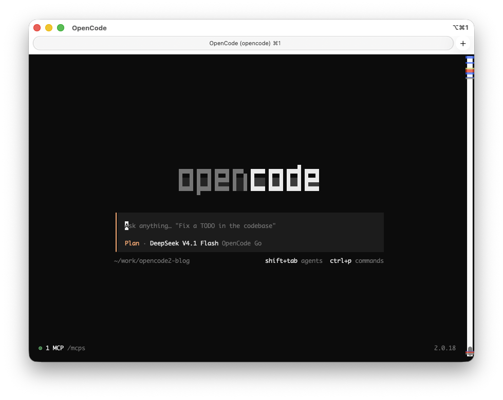OpenCode 2.0.18 の起動画面。入力欄の下に Plan、DeepSeek V4.1 Flash、OpenCode Go が並んでいる