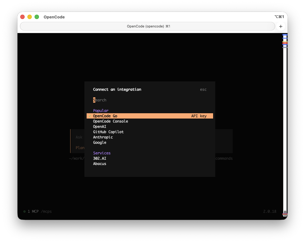 Connect an integration の一覧。Popular に OpenAI と Anthropic が並んでいる