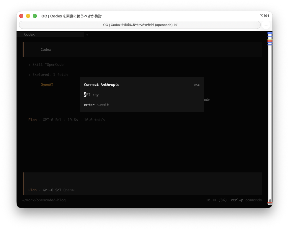 Connect Anthropic のダイアログ。API key の入力欄と enter submit だけが表示されている