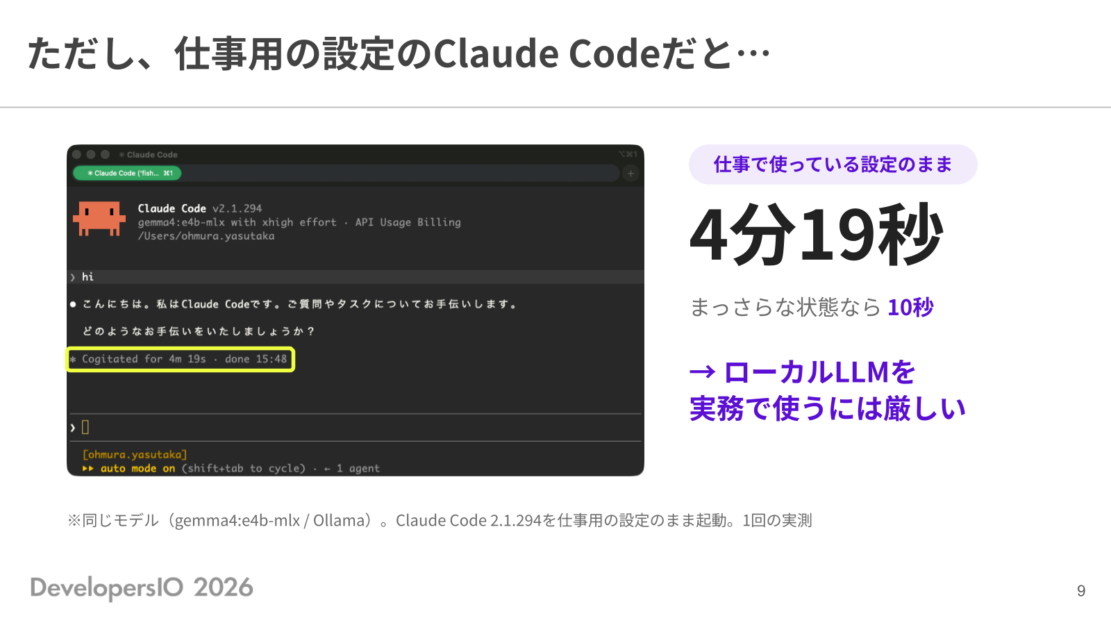 ただし、仕事用の設定の Claude Code だと…