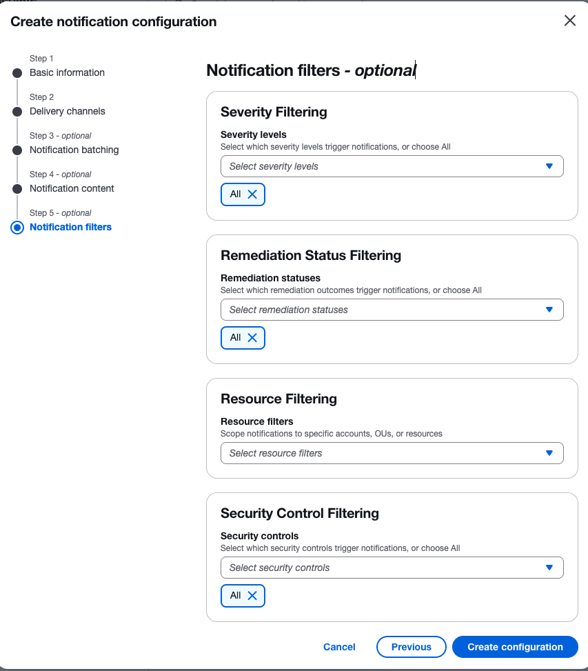 ASR Web UIの通知設定画面(Notification filters、重大度フィルタリング)